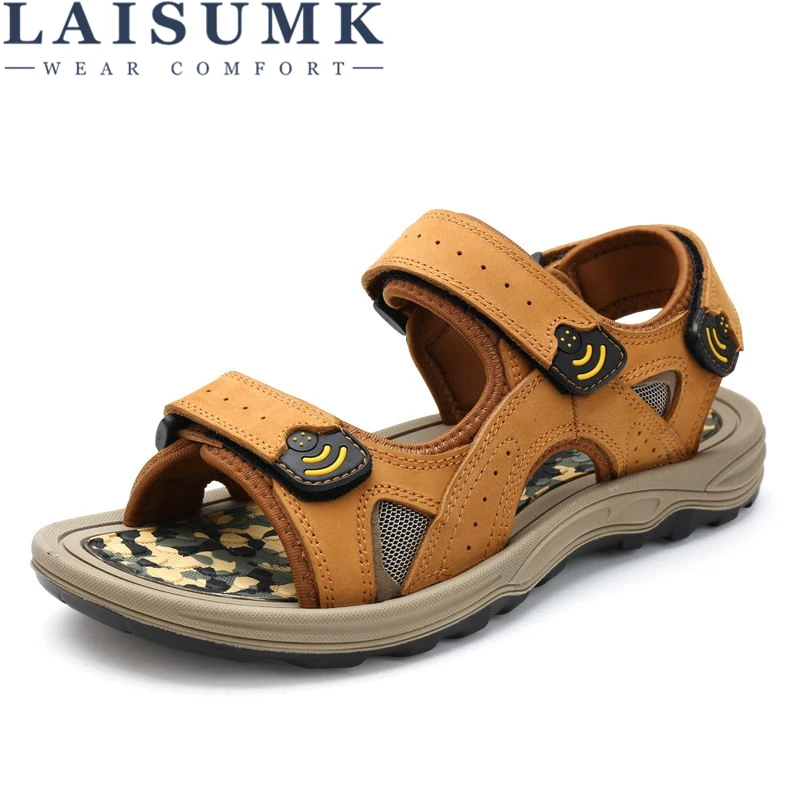 

LAISUMK New 2020 Summer Men Sandals High quality Genuine leather Men Slippers Comfortable Fashion Sewing Men Beach Shoes