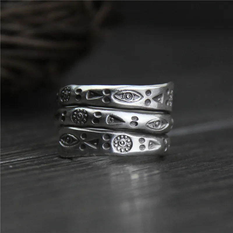 

C&R Real 999 Sterling Silver Rings for Women Men Multi-circle Engraving Symbol Thai Silver Rings Handmade Vintage Fine Jewelry