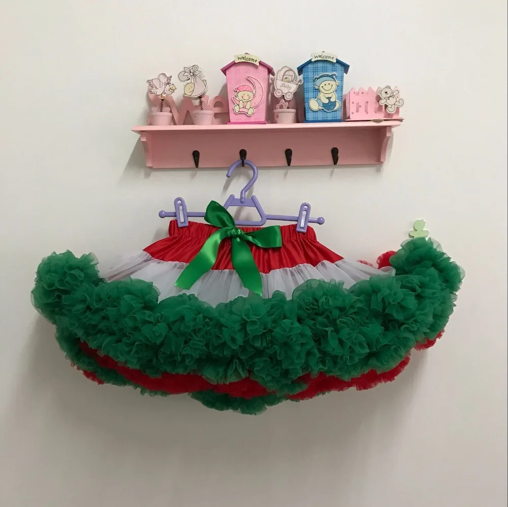 Рождественские юбки для маленьких девочек зеленые с красно-белыми пачками