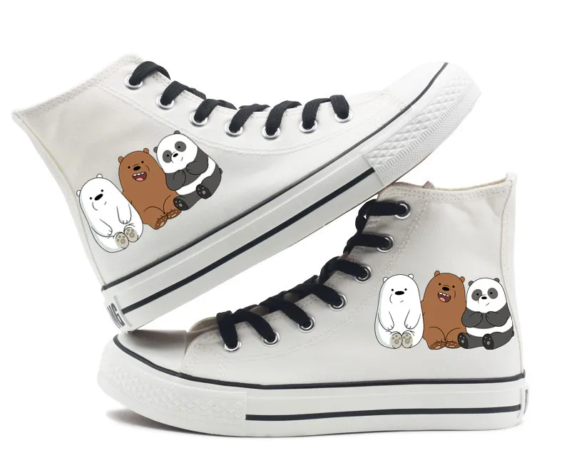CN We Bare Bears/парусиновые туфли с принтом медведя из мультфильма для мужчин, женщин, мальчиков и девочек, унисекс, высокие парусиновые туфли на плоской подошве черного и белого цвета