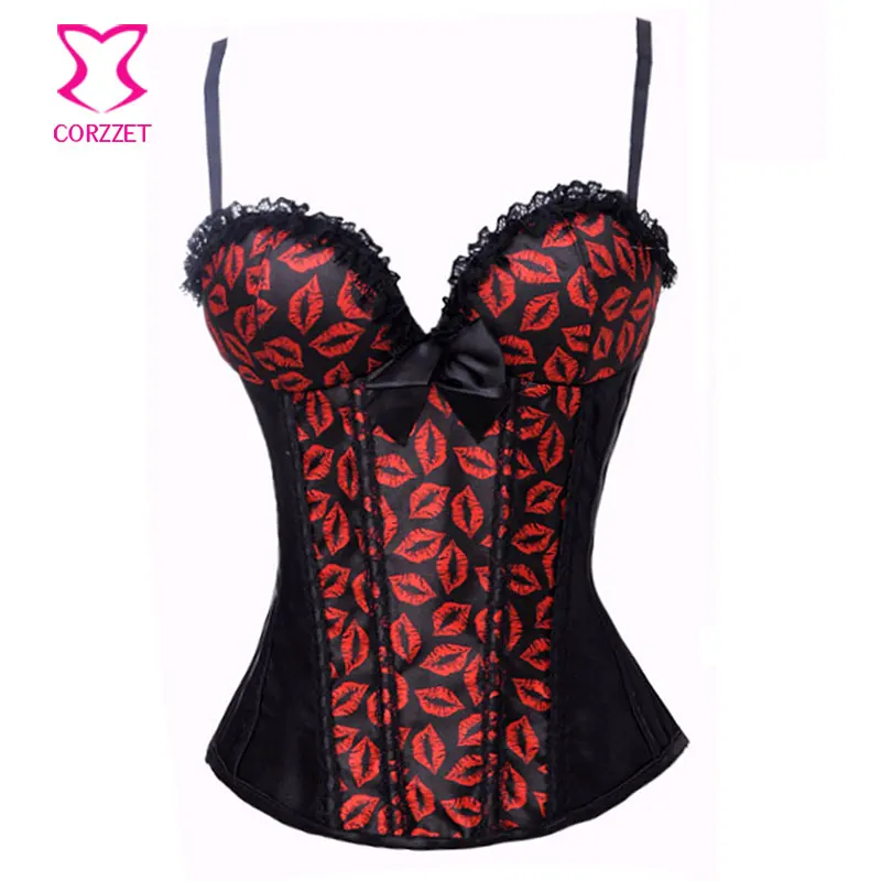 Популярный Рисунок красные губы черные атласные корсеты для талии и бюстье пуш