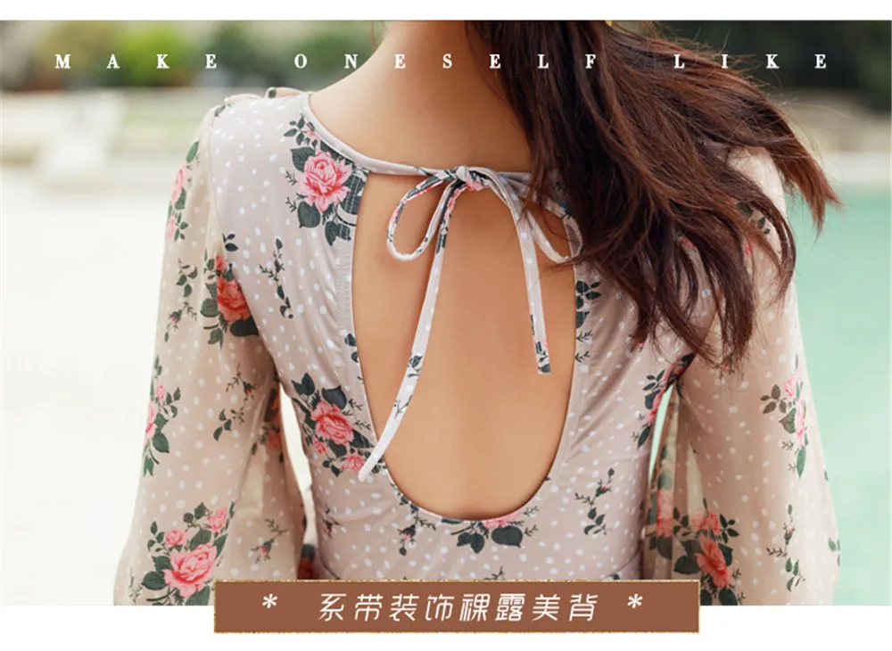 Long Sleeve One Piece Swimsuit Women Floral Swimwear Chiffon Monokini Push Up Swim Suit Ruffle Trikini Pad Bath Suit Backless