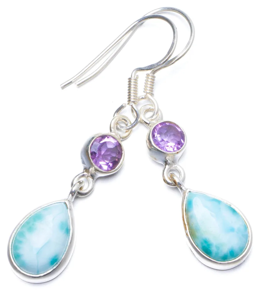 Natural Caribbean Larimar and Amethyst Handmade Unique 925 Sterling Silver Earrings 1.5&quot X5096 | Украшения и аксессуары