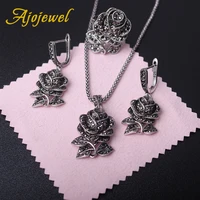 ajojewel vintage black rhinestones rose flower jewelry sets for women necklace earring and ring elegant party gift