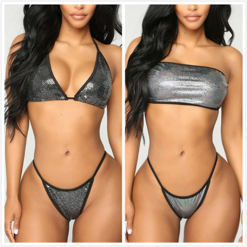 Блестящее серебряное бикини для женщин 2019 Bronzing купальник пляжа микро дерзкие