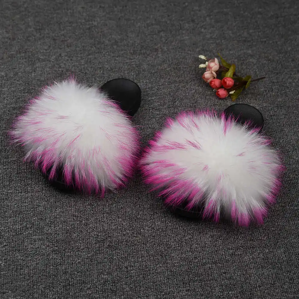 RaccoonWhite HotPink Женские шлепанцы с натуральным мехом енота; модные стильные шлепанцы; сезон весна-осень-зима; Домашние вьетнамки на плоской подошве; S6020A - Цвет: RaccoonWhite HotPink