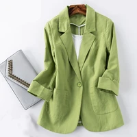 cotton and linen small suit womens jacket autumn spring and summer fashion slim slimming cropped sleeves short shirt green