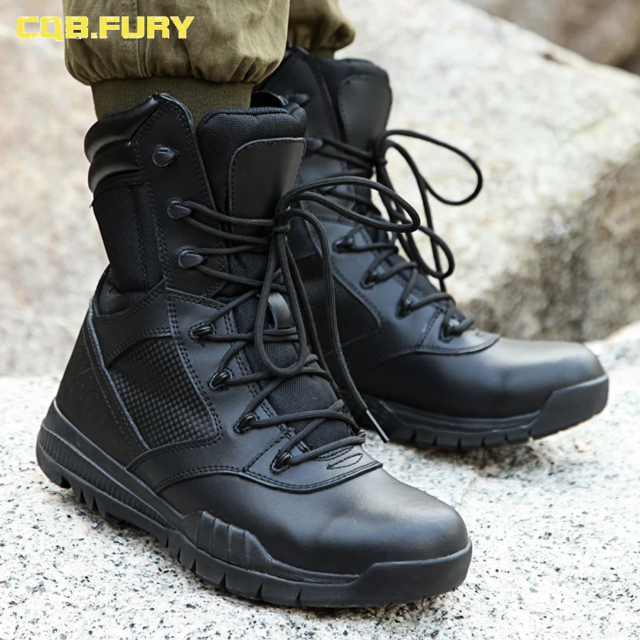 Мужские армейские ботинки на шнуровке CQB.FURY черные кожаные с ремешком щиколотке