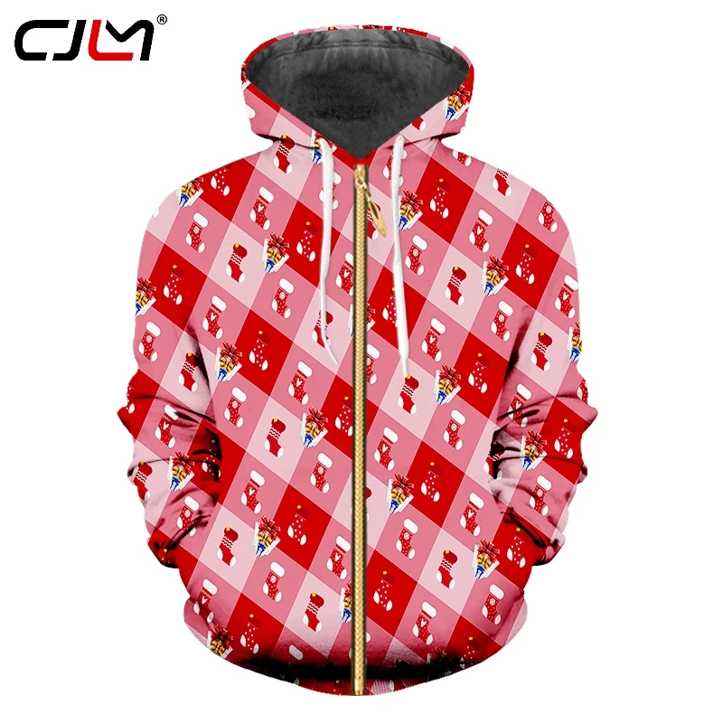 

CJLM New Recommend Men's Christmas Zip Hoodies 3D Printed Stockings And Gift Boxes Lovers Coat Oversizend 5XL