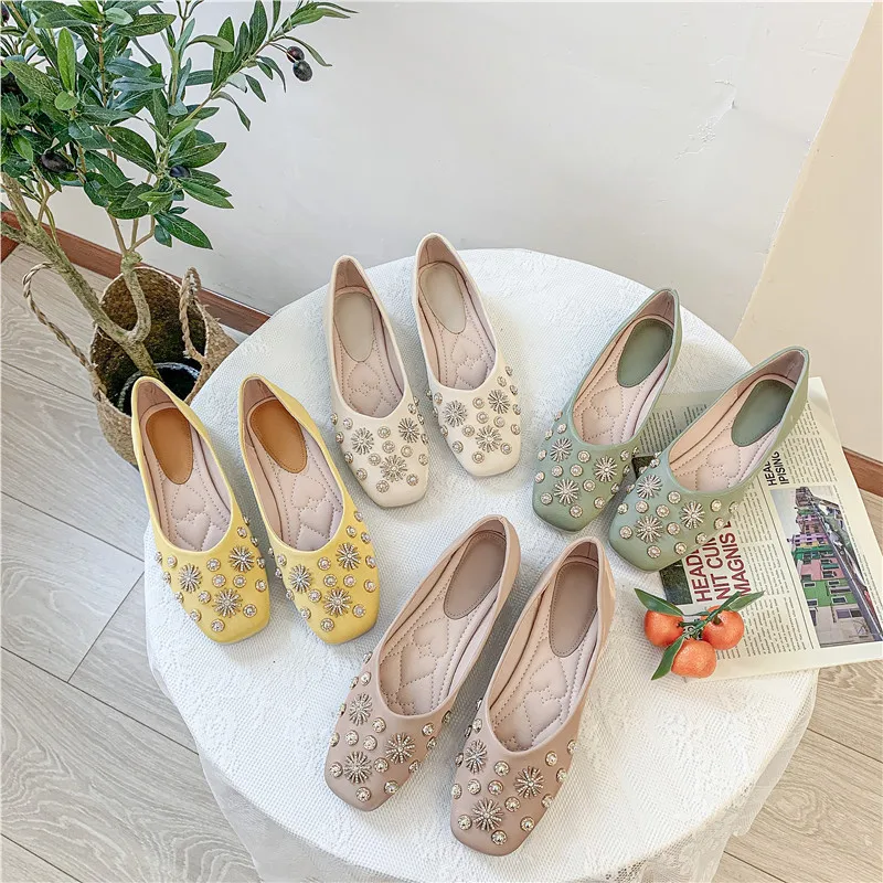 Women's Shoes Crystal Shape Flats Round Toe Ladise Casual Rhinestone Low Heel Flat Female Elegant Zapatos | Обувь