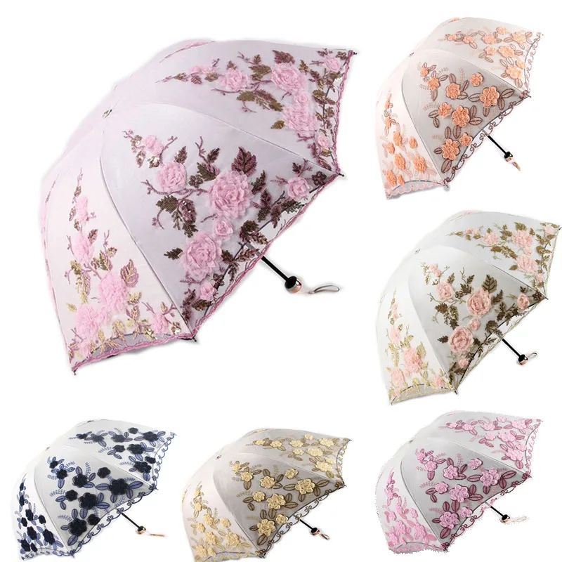 Три складных женских зонта higt кружевной зонтик с цветочной вышивкой