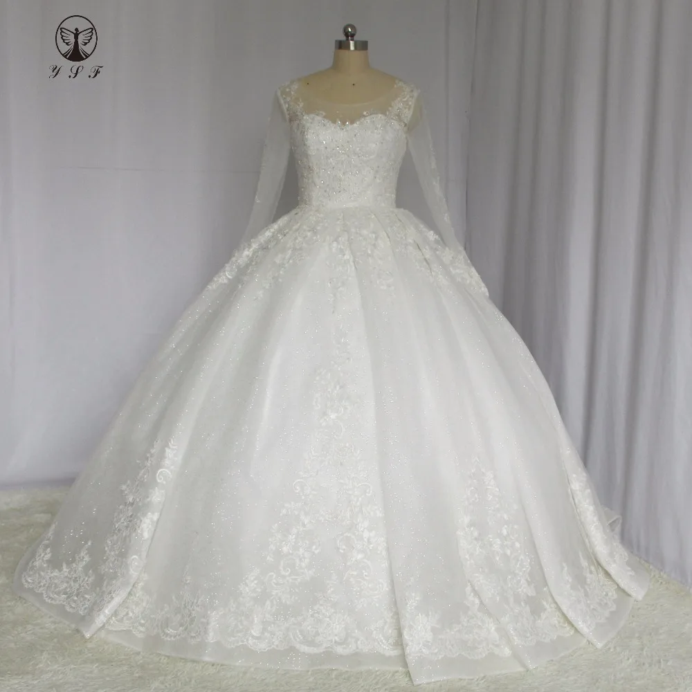 

Muslim Wedding Dresses O Neck Appliqued Beaded Lace Buttons Corset Up Ball Gown Long Sleeve Vestidos De Novias