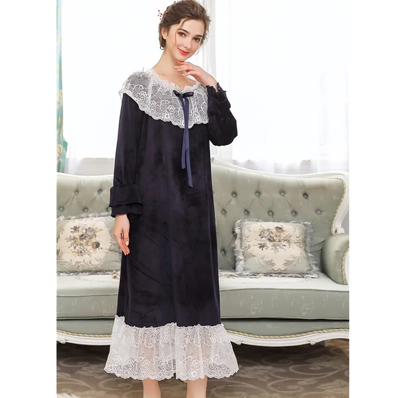Dark Blue Роскошная Пижама, женская элегантная ночная рубашка, осенняя Домашняя одежда, винтажная ночная рубашка с длинным рукавом, кружевная ночная рубашка с оборками, ночная рубашка H759 - Цвет: Dark Blue
