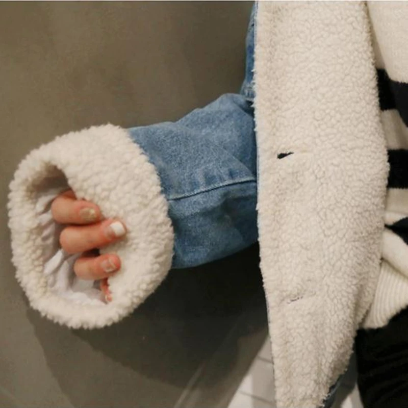 Женское джинсовое пальто из овечьей шерсти RUGOD теплое с отложным воротником и