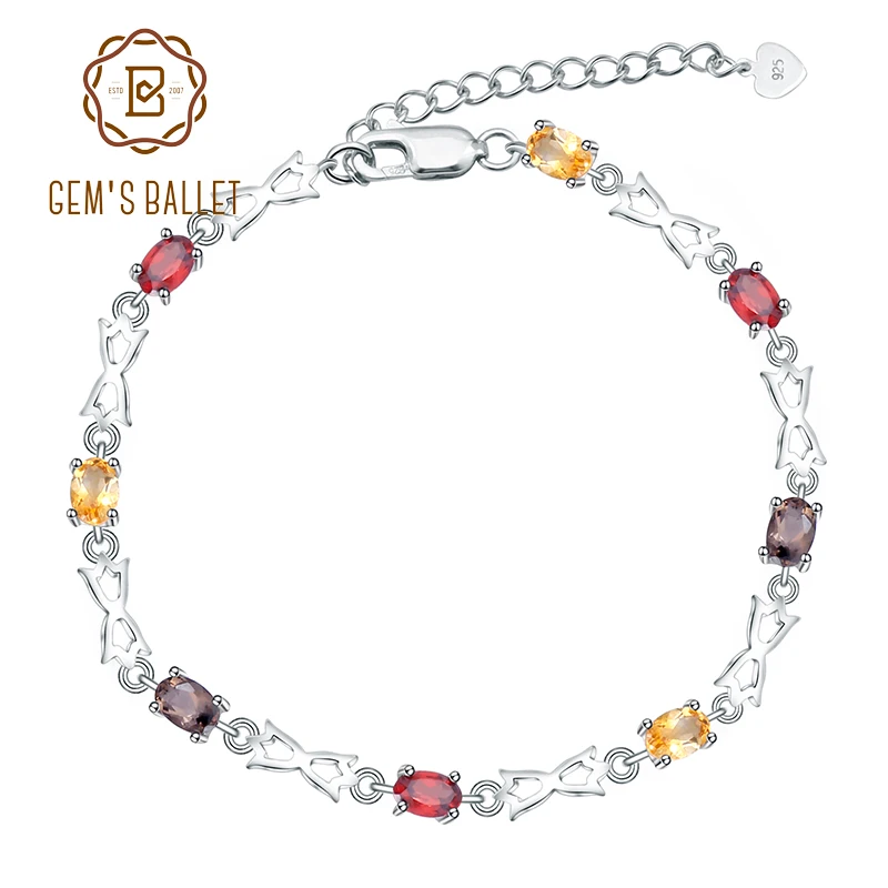 Gem's балетные 925 пробы серебряный браслет с камнями натуральный цитриновый гранатовый SmokyQuartz браслеты для женщин ювелирные украшения