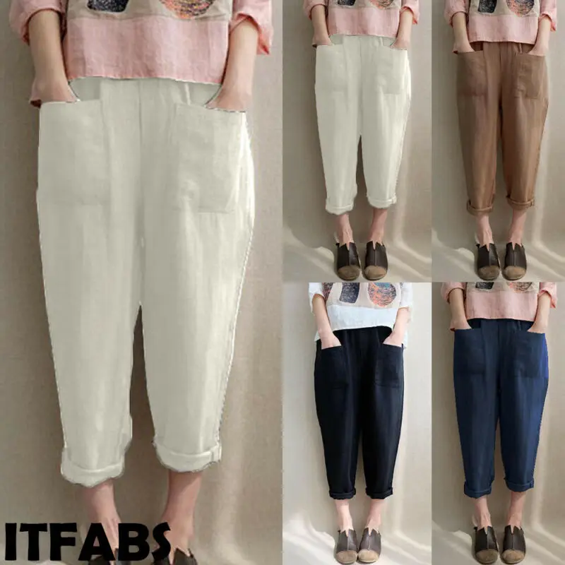 

2019 High quality Womens Summer Casual Pants Natural Cotton Linen Trousers White Linen Elastic Waist Ankle-Length Female's Pants