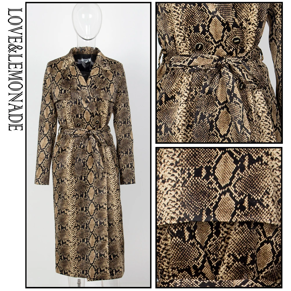 

LOVE & LEMONADE Sexy V-Lapel Double Breasted Snake Print Belts Fitted WindbreakerLM81483-1