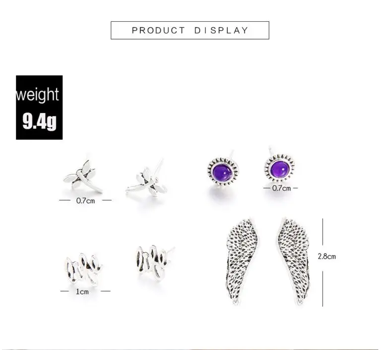4 пары/карта Винтаж Посеребренная Фиолетовый кристалл набор серьга смешивания