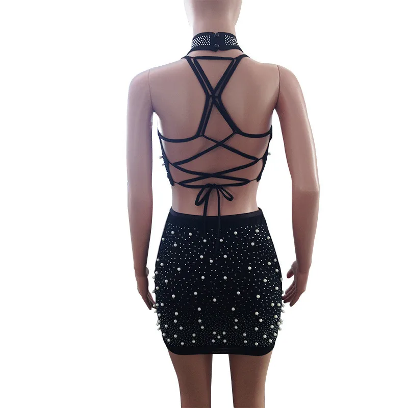 Adogirl Sheer Mesh Pearls 3 Piece Set Women Sexy Night Club Outfits Choker+Spaghetti Straps Lace Up Backless Crop Top+Mini Skirt | Женская