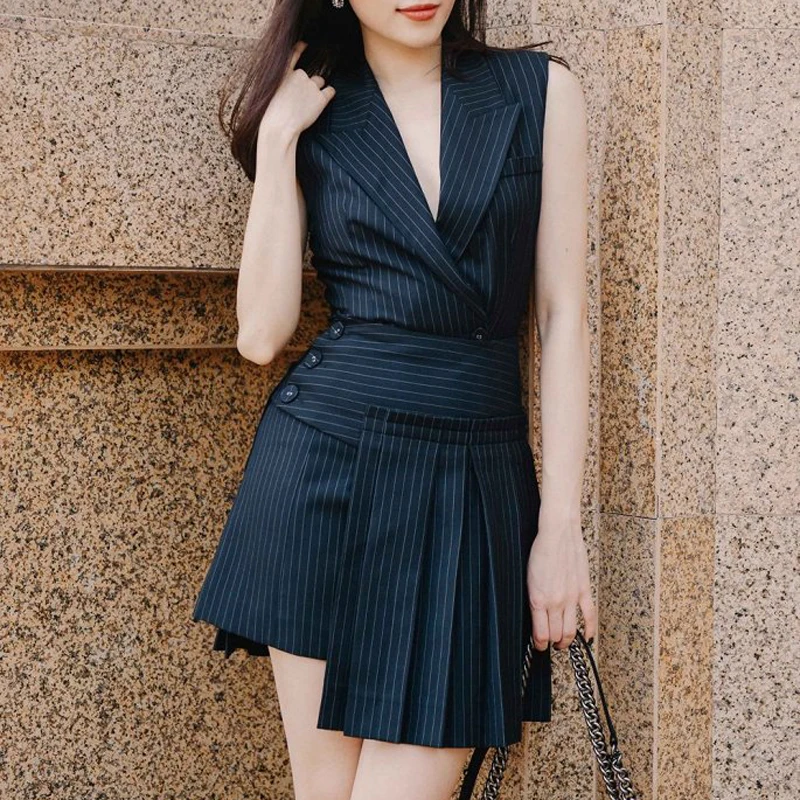 INDRESSME, модный костюм, наборы, v-образный вырез, сексуальный, без рукавов, полосатый топ, ассиметричный, плиссированная мини-юбка, набор, для офиса, леди, 2 шт, наборы