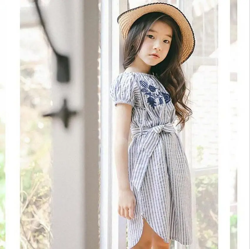 2017 New Kids Baby Embroidery Striped Bow Dresses Princess Girls Elegant Clothes 6 pcs/lot Wholesale | Детская одежда и обувь