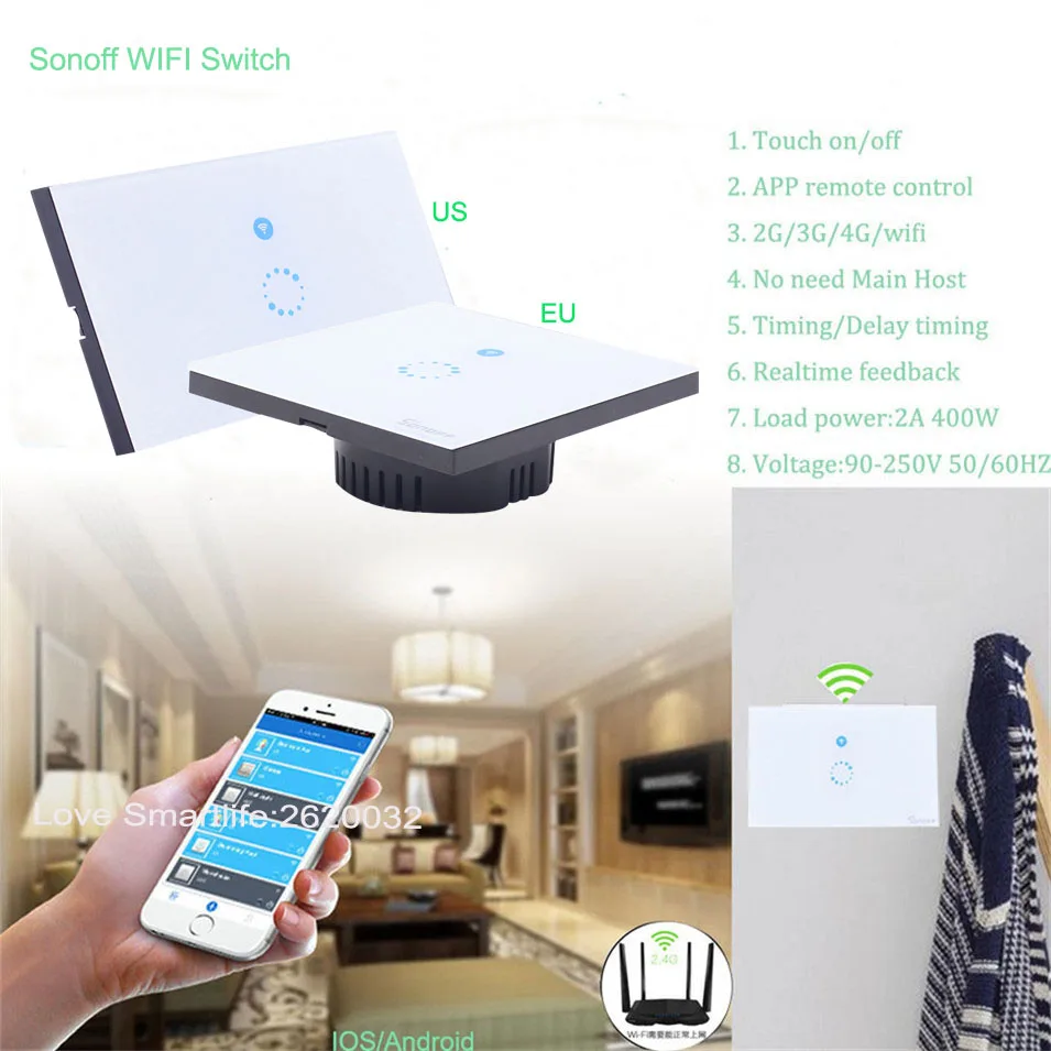 ITEAD sonoff Wi-Fi сенсорный выключатель EU/US Интеллектуальные 1 способ света Панель умный
