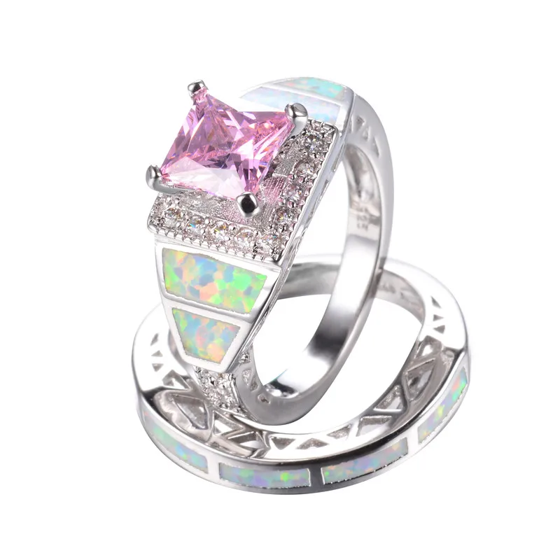 Модный Розовый Камень Белый огненный опал обручальное кольцо набор для женщин