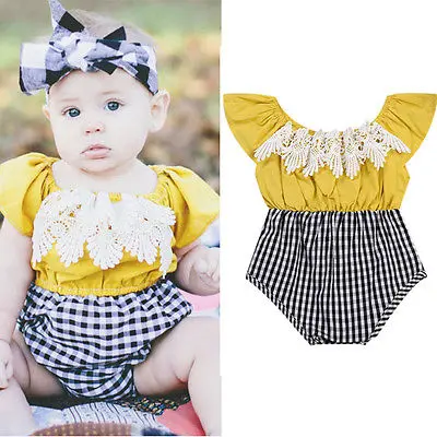 Лето 2017 г. детский клетчатый комбинезон для маленьких девочек кружевной