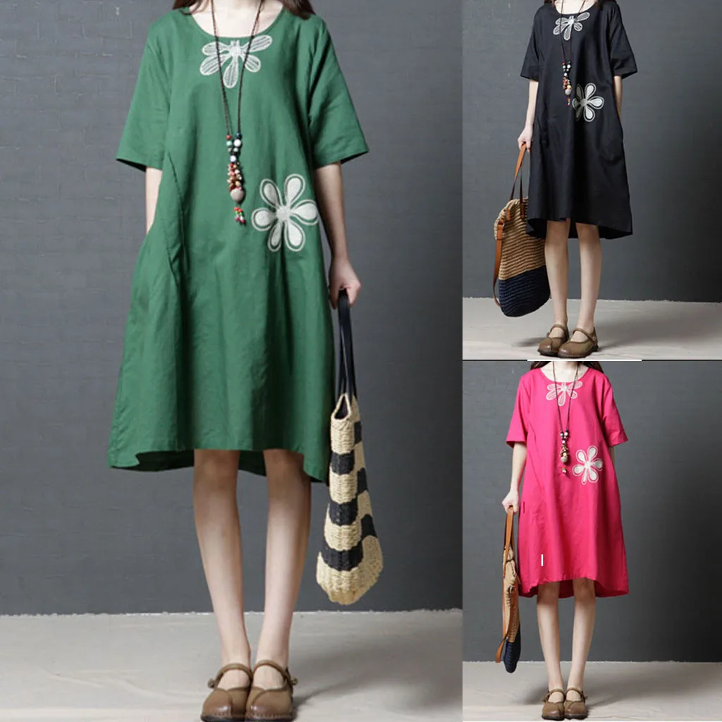 Женское платье с короткими рукавами SAGACE хлопковое льняное свободное удобное