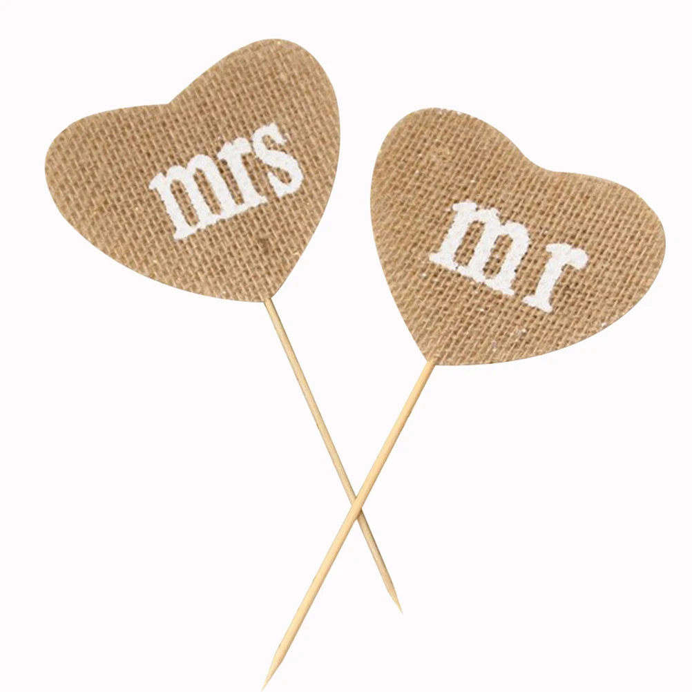 12 шт/6 наборов деревенские льняные топперы для торта Mr Mrs в форме сердца декор