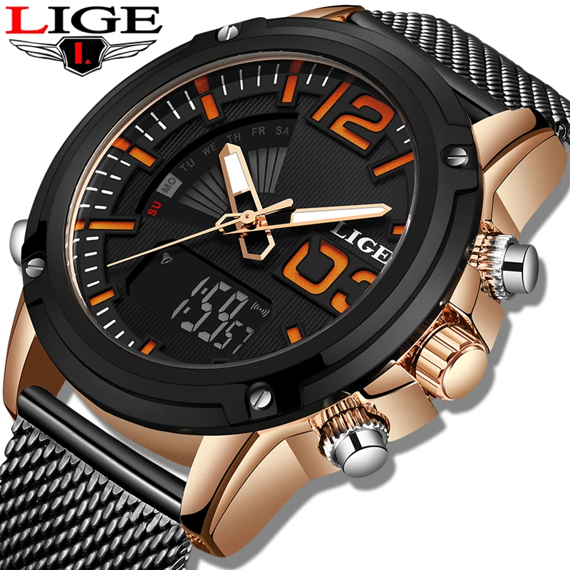 LIGE New Top Luxury Brand Gift Stainless Steel Sports Men Watch Army Military Dual Display Waterproof Watches relogio masculino | Наручные