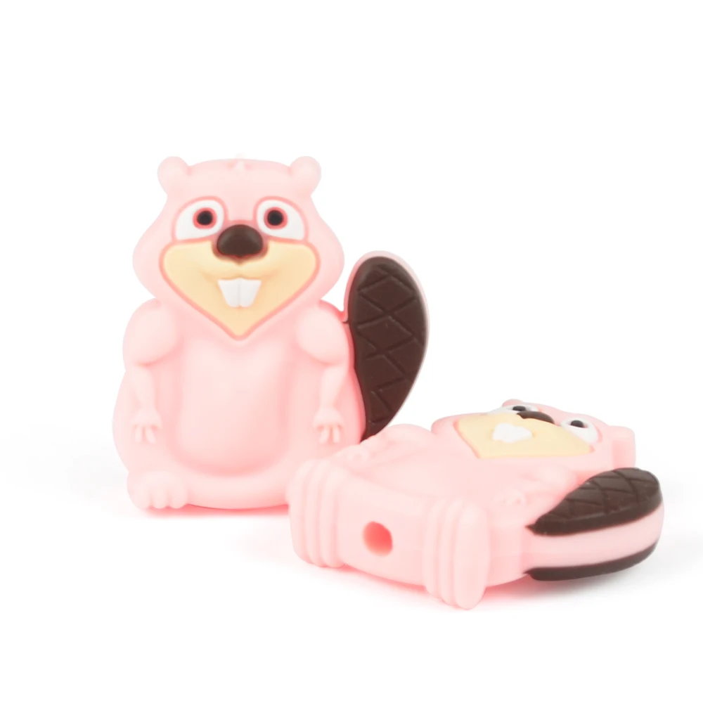 beaver-rose quartz 10 шт./партия, Силиконовые Прорезыватели для зубов в форме животных, аксессуары для пустышки в форме животных, DIY, свободные бусины-прорезыватели, ожерелье - Цвет: beaver-rose quartz