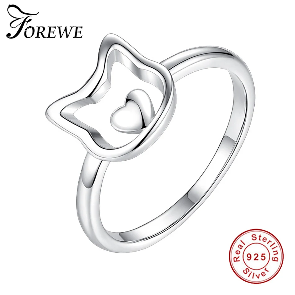 FOREWE Настоящее серебро 925 пробы милые кольца с кошачьими пальцами для женщин в форме сердца обручальное кольцо Модные женские ювелирные изделия подарок
