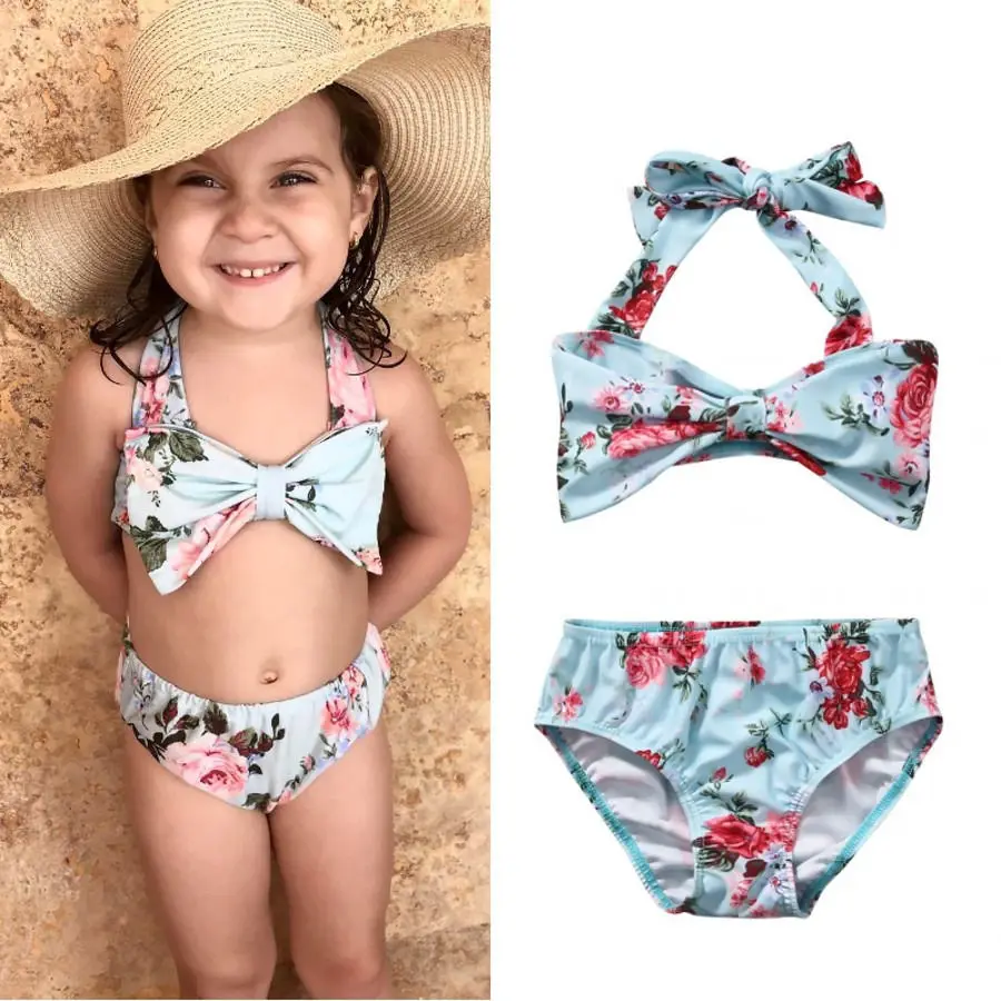 2Pcs Baby Cute Girls Halter Bow Swimwear Two-piece Kids Girl Floral Bikini Swimwears Swimsuit Bathing Suit Swimming Costume | Спорт и