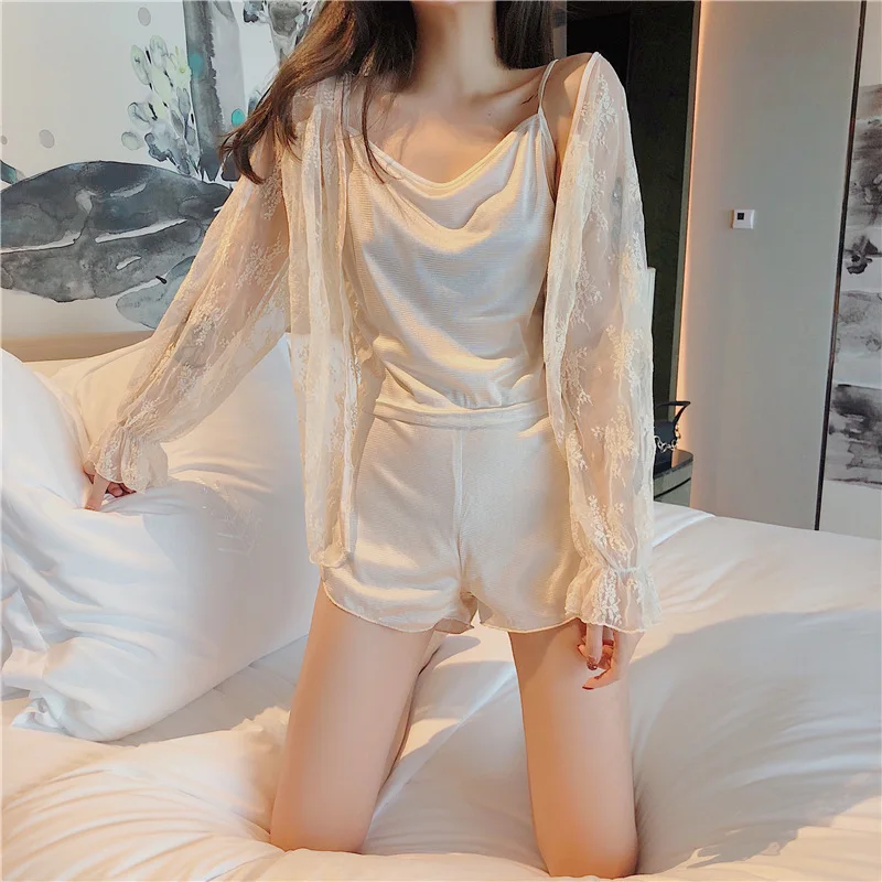 2019 летние новые женские пижамные комплекты из 3 предметов с шортами кружевные