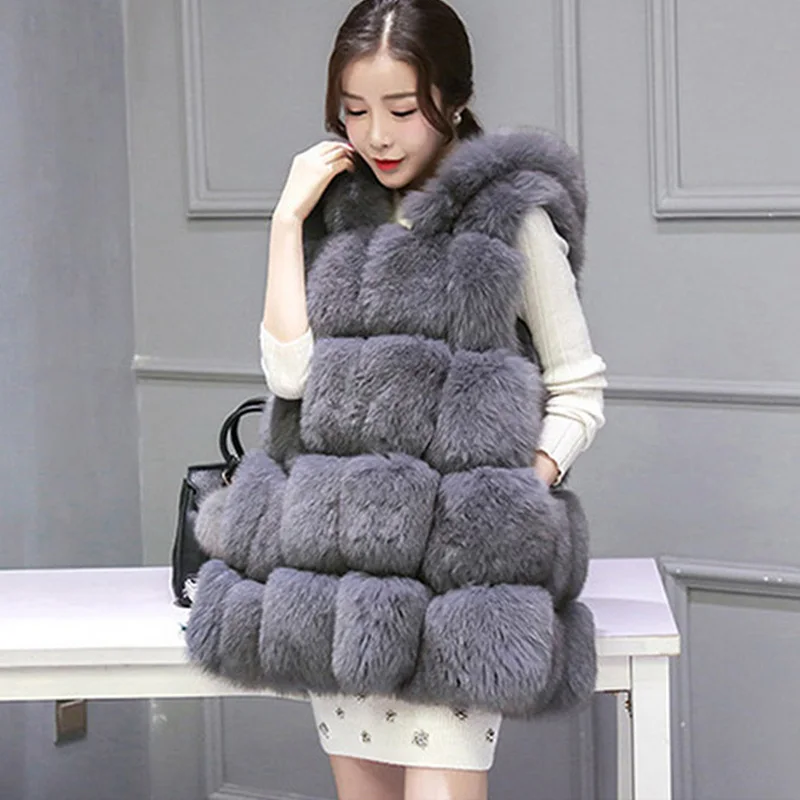 2019 Autumn Winter Furry Medium Long Women Hooded Faux Fur Vests Artificial Fox Vest Plus Size 4XL Cloak Style Waistcoat | Женская