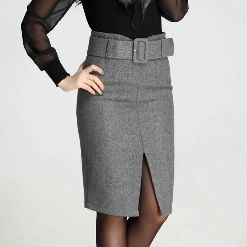 Женская шерстяная юбка средней длины карандаш с высокой талией Осень зима весна