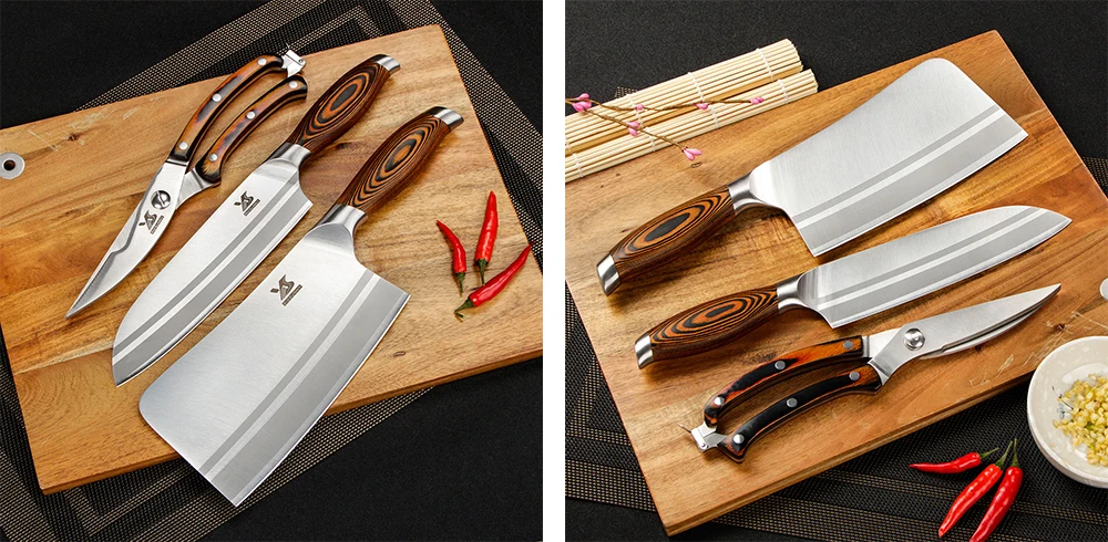BIGSUNNY 4 Pcs Kitchen Knife Set 7"Chopper 7"Santoku Knife 5"Utility and Kitchen Shears for Easy Cutting& Slicing Multipurpose