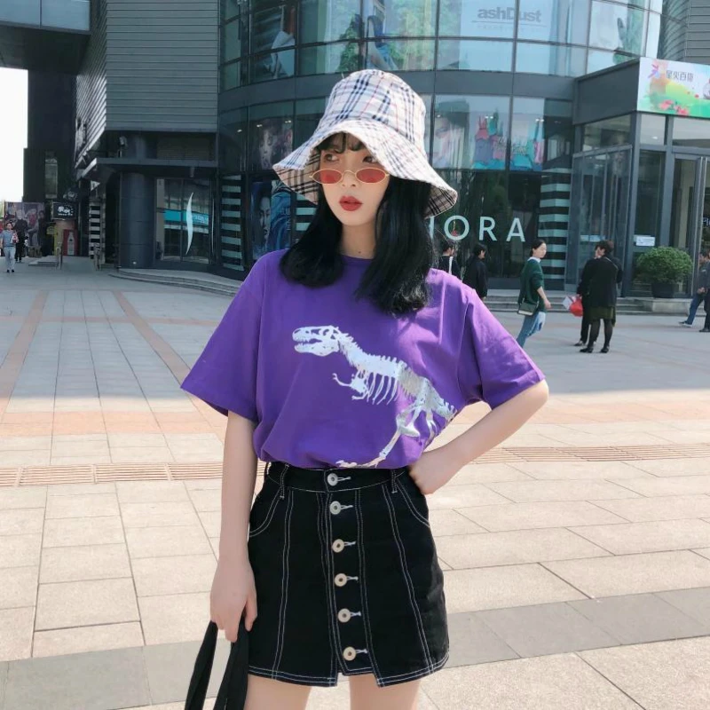 KYMAKUTU Harajuku Hipster лето с принтом динозавра женские футболки короткий рукав O