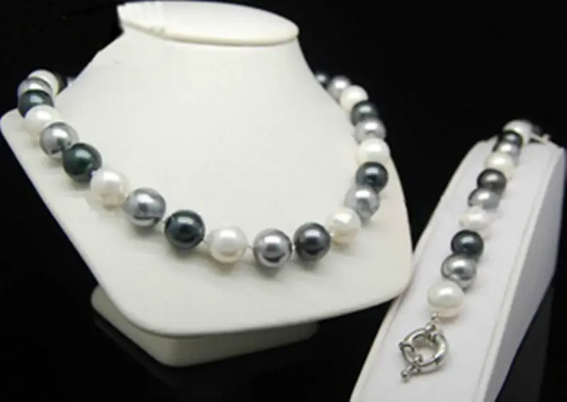 Round beads 3 color 12mm black Grey white shell Pearl bracelet Necklace 18&quot set AAA style Fine Noble real Natural free shipping |