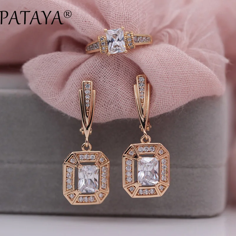 PATAYA, Новое поступление 585, серьги-капли из розового золота, кольца, наборы, белый квадрат, природный Цирконий, женские модные великолепные ювелирные изделия