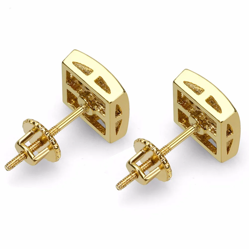 Mens Hip Hop Stud Earring AAA+ CZ Zircon Ice Out Bling Gold Color Copper Geometric Square Earrings Men Hiphop Rapper Jewelry | Украшения и