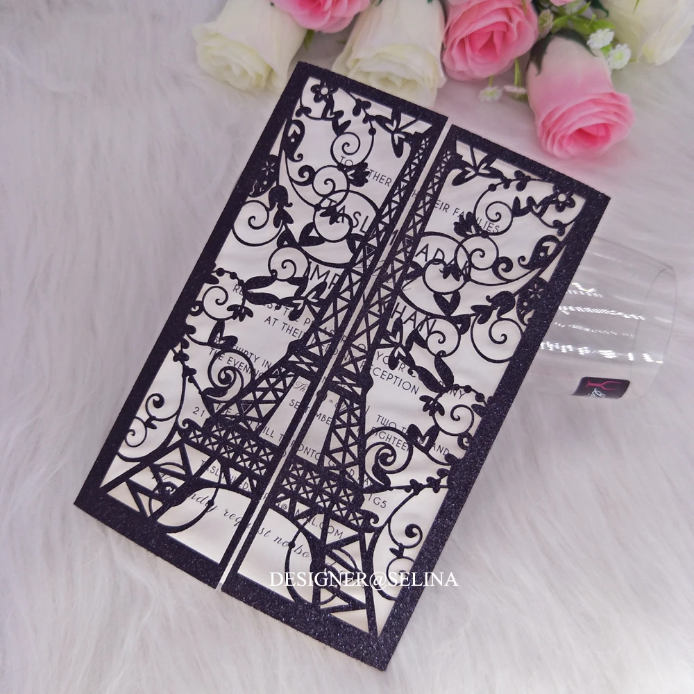Black Glitter Tower Paris Laser Cut Invitations for QuinceaneraSweet Sixteen Birthday Party Invite 50pcs/lot | Дом и сад