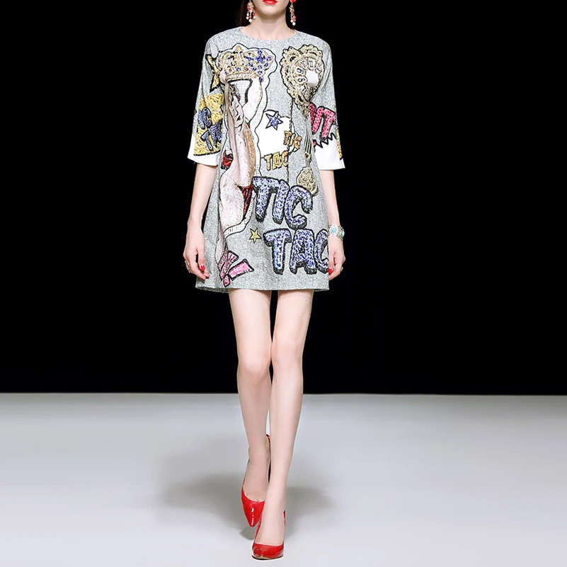 

High quality 2020 spring/Summer vestidos Designer Vintage Dress Fashion Print 3/4Sleeve Beaded Diamonds Loose Casual women dress