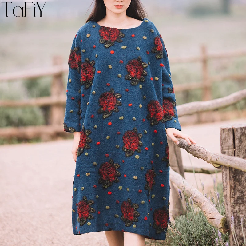 TaFiY Vestidos 2017 женские зимние платья Ретро стиль круглый ворот цветочный принт