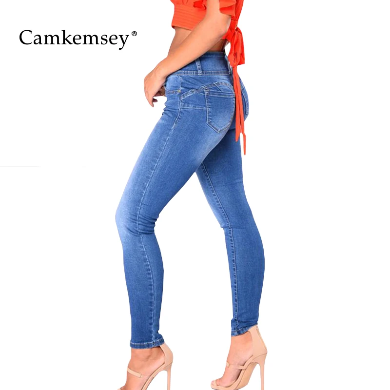 CamKemsey размера плюс S-3XL тянущиеся узкие джинсы для женщин синие джинсы с высокой талией женские повседневные джинсовые штаны для 4 сезона