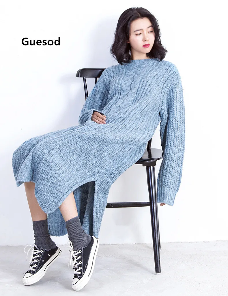 

Guesod 2017 Sweater Dress Autumn Winter Women Loose Long Sweater Korean Loose Long Sweater O-Neck Long Sleeve Slit Kntting Shirt