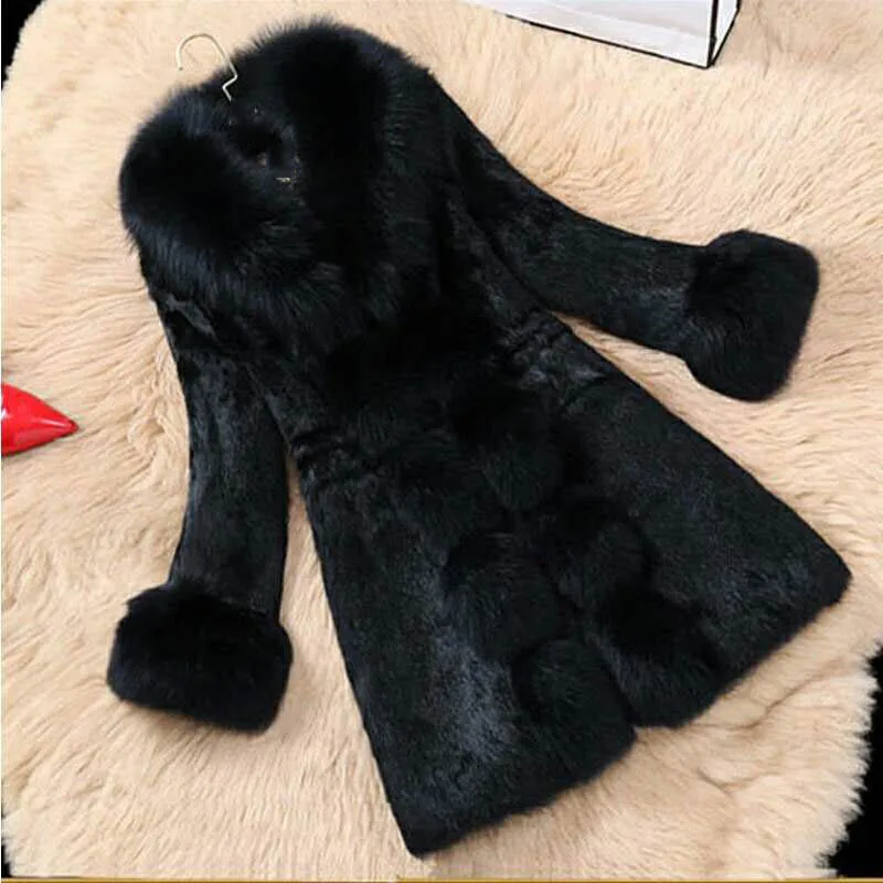 

2019 Winter New Women Wine Faux Fur Long Coat With Fox Fur Collar Female Thick Warm Faux Rex Rabbit Fur Jacket Overcoat B58