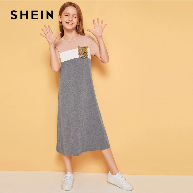 SHEIN/длинное платье-туника с блестками и карманами для девочек; коллекция года; сезон лето; детская повседневная футболка с короткими рукавами
