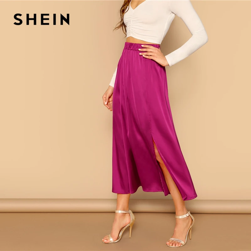SHEIN Однотонная Атласная Юбка С Разрезом Весенняя Юбка С Эластичной Талией Женские Элегантные Юбки
